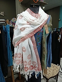 KREM KIRMIZI DOĞAL BASKI ŞAL